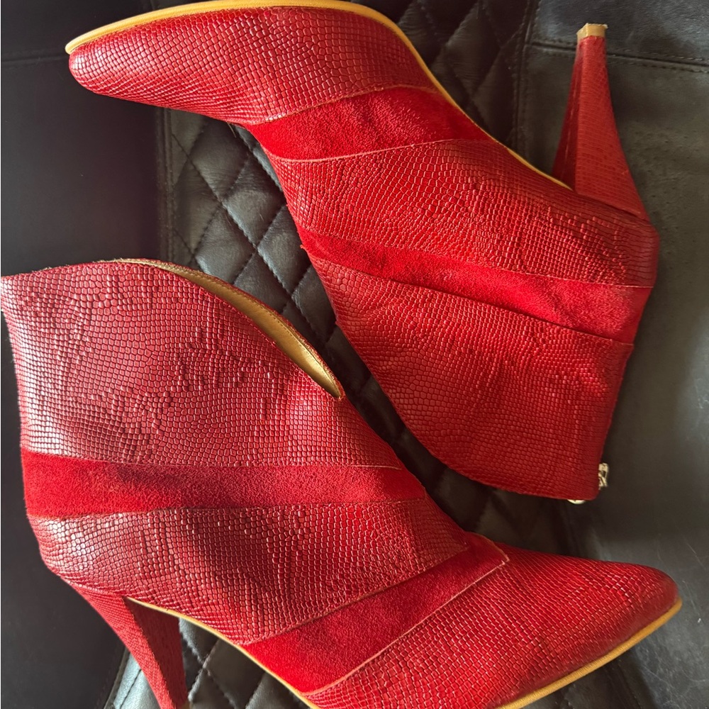 Red Textured Ankle Booties